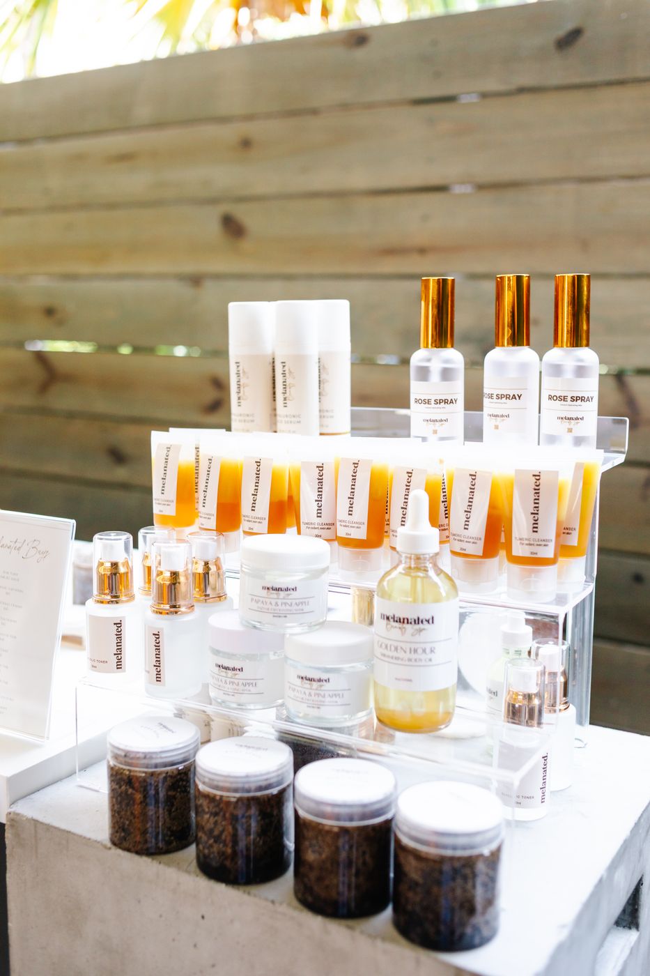 Product display with serums, oils and body scrubs