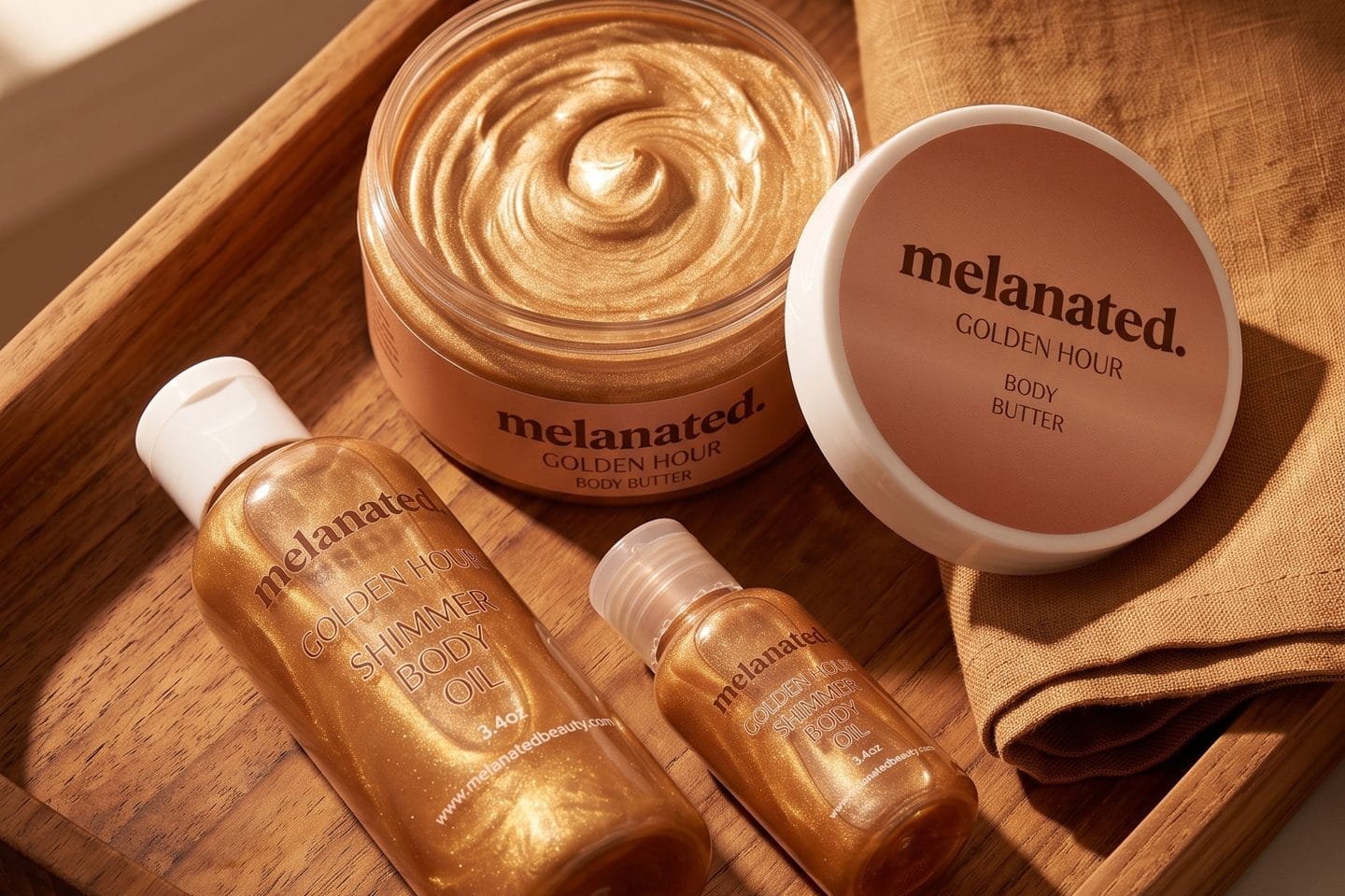 Golden hour body butter and shimmering oils on a wooden tray